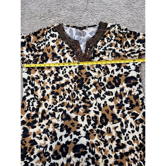 Susan Lawrence Woman Leopard Animal Print Tunic Top Sz 3X Beaded Collar Stretch - Picture 3 of 7
